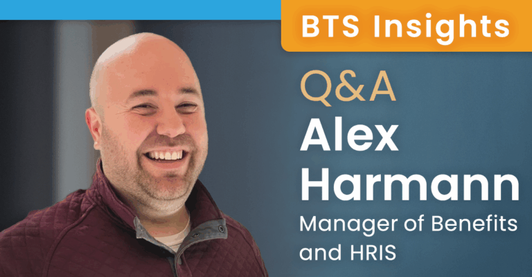 Headshot photo of Alex Harmann, with text reading, "Behind-the-Scenes Insights: Q&A with Alex Harmann, Manager of Benefits and HRIS", set over a blue background.
