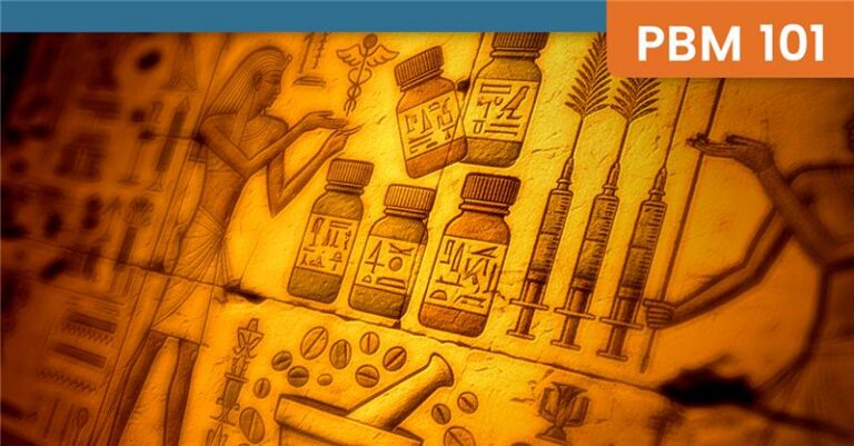 Stylized illustration of medicines and medical tools arranged like an ancient diagram, highlighting how specialty drugs can feel complicated and difficult to understand.