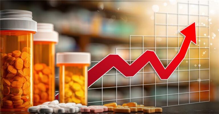 Several prescription pill bottles in the foreground with a red line graph trending upward in the background, representing the increasing cost of specialty medications.