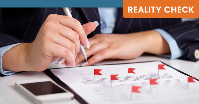 A person holds a pen over a document marked with multiple red flags, symbolizing the review of a pharmacy benefit manager (PBM) contract.