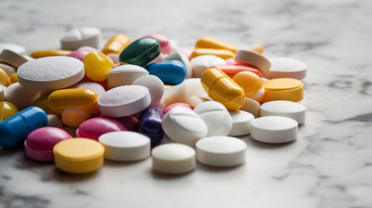 Close-up image of assorted specialty medications, including tablets, capsules and coated pills, scattered across a marble surface, representing the complexity and rising cost drivers of specialty drug therapy.