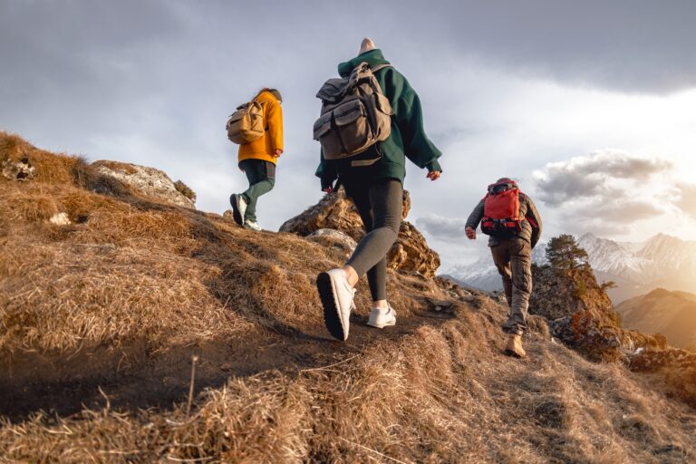 Three hikers with backpacks walk up a mountain trail toward a scenic summit, symbolizing a guided path toward long-term health and wellness goals.