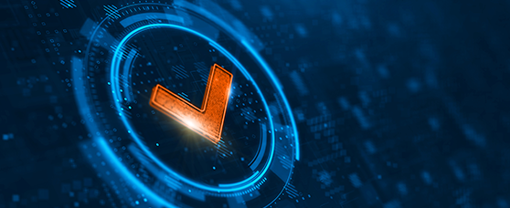 A glowing orange checkmark centered within a blue digital circular interface, symbolizing verification, security, and successful HITRUST r2 certification.
