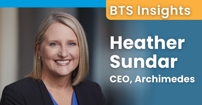 Behind-the-scenes Q&A feature image showing Heather Sundar, CEO of Archimedes, in a professional setting, with on-image text reading ‘BTS Insights’ and ‘Heather Sundar, CEO, Archimedes.