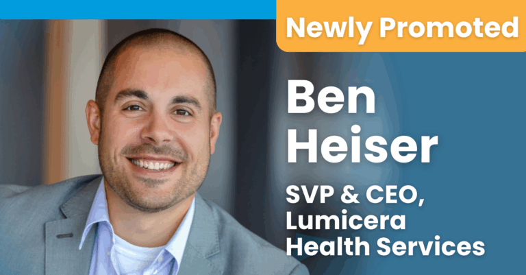 Headshot photo of Ben Heiser, PharmD, SVP and CEO of Lumicera, smiling in front of a blue background. A yellow banner reads, "Newly Promoted".