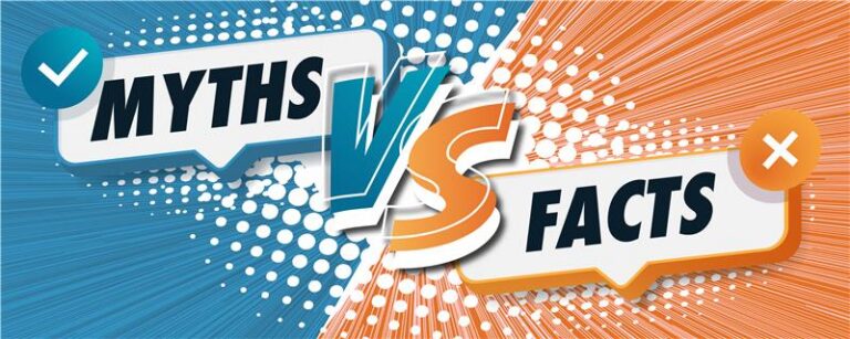 Graphic with a blue-and-orange comic-style design showing the words “Myths vs Facts.” The left side is blue with a checkmark icon beside the word “Myths,” and the right side is orange with an X icon beside the word “Facts.” The center features a bold “VS” with dynamic motion lines and dotted patterns in the background.