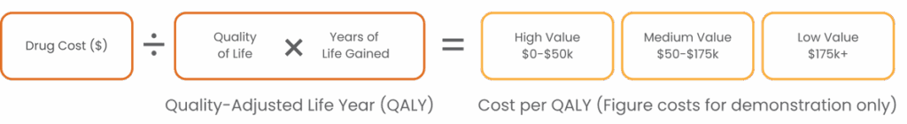 A chart of the QALYiQ equation, showing how costs are factored against quality of life.