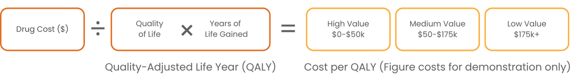 A chart of the QALYiQ equation, showing how costs are factored against quality of life.