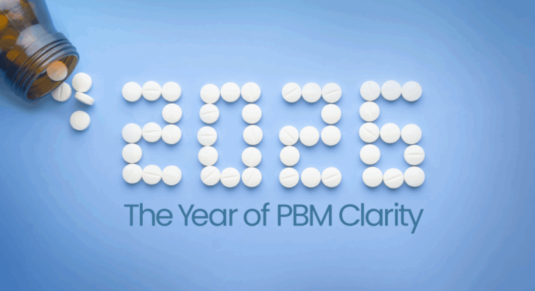 Pill bottle in the top left corner, with scattered pills shaped into the number "2026". Below that, text reads "The Year of PBM Clarity".